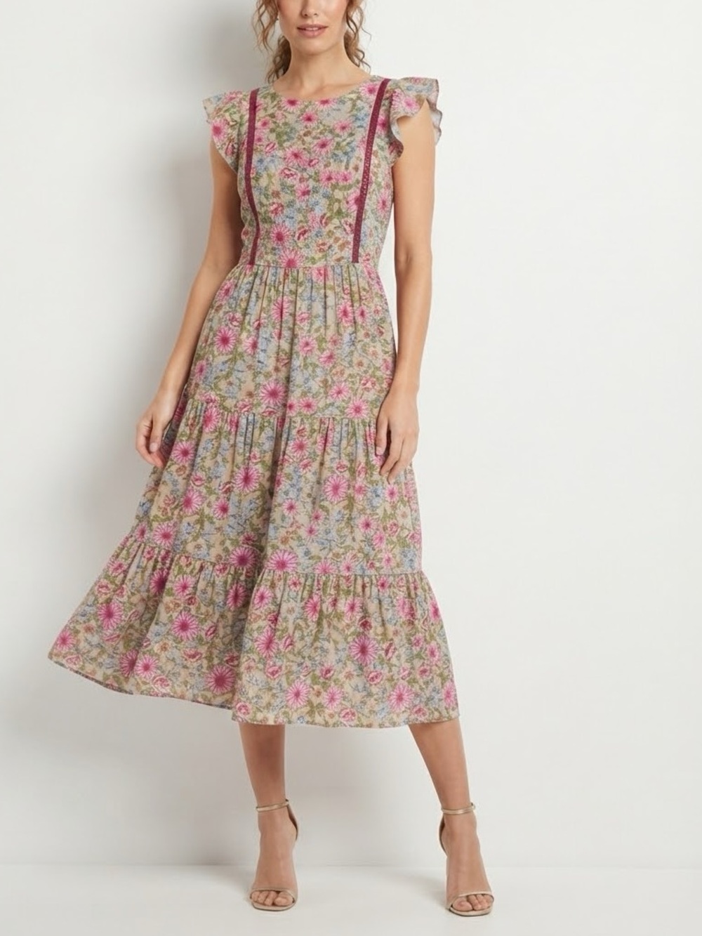 bloom Pink and Green Floral Maxi Dress with Flutter Sleeves